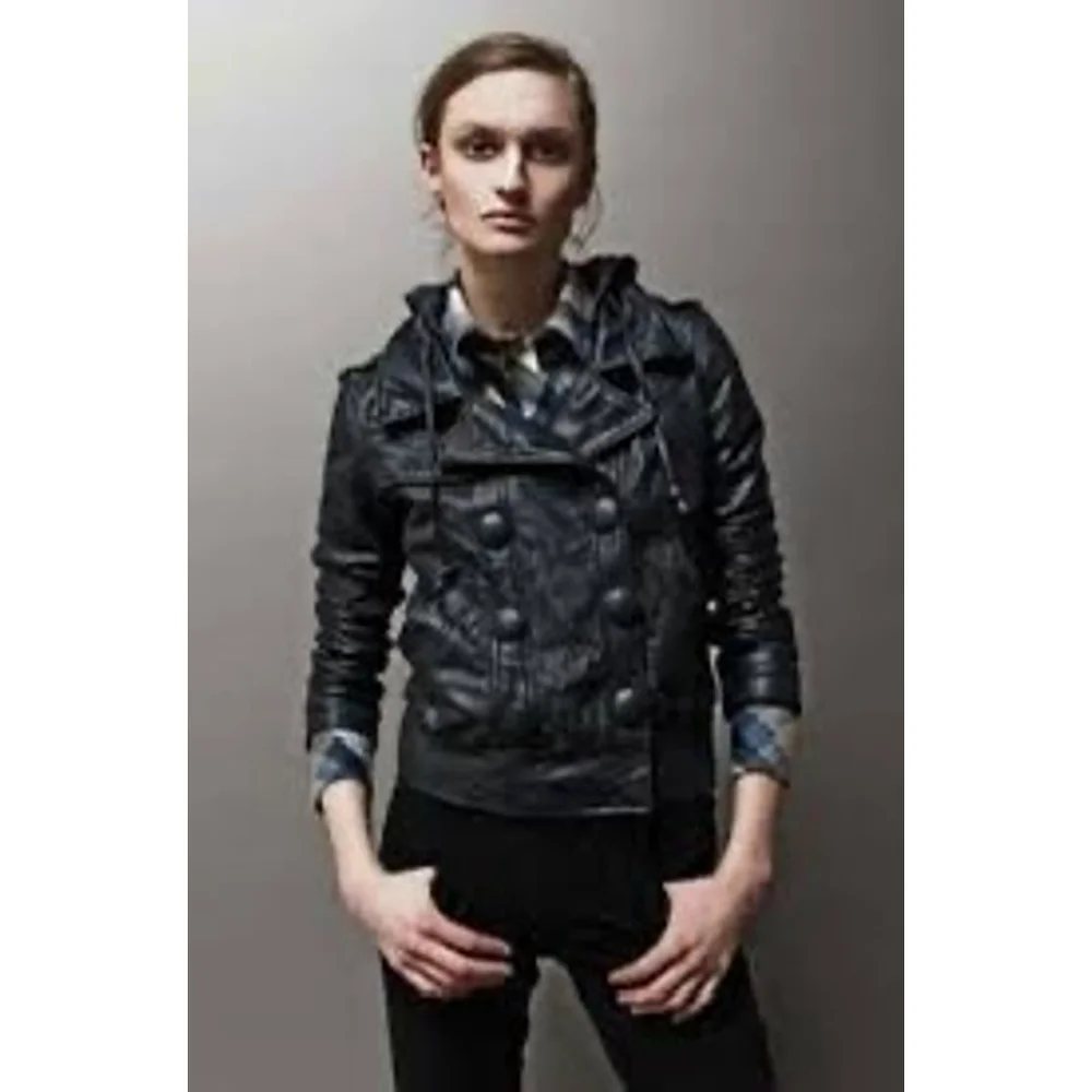 🛑SOLD🛑Mike & Chris VTG Rupert Double Breasted Hooded Grey Leather Jacket S - Picture 2 of 10